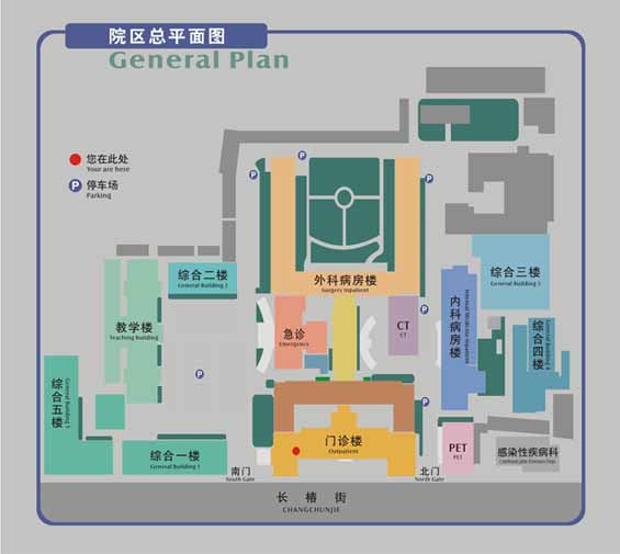 上图为医院整体平面图 门诊科室布局 上图为门诊大楼 门诊楼内 一层